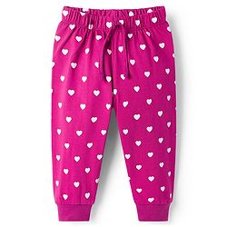 Babyhug Single Jersey Knit Full Length Lounge Pant With Heart Print - Dark Pink