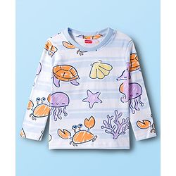 Babyhug Cotton Knit Full Sleeves Sea Life Printed Co-Ord T-Shirt & Pyjama Night Suit - White
