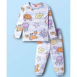 Babyhug Cotton Knit Full Sleeves Sea Life Printed Co-Ord T-Shirt & Pyjama Night Suit - White