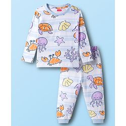 Babyhug Cotton Knit Full Sleeves Sea Life Printed Co-Ord T-Shirt & Pyjama Night Suit - White