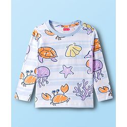 Babyhug Cotton Knit Full Sleeves Sea Life Printed Co-Ord T-Shirt & Pyjama Night Suit - White