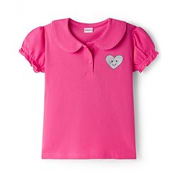 Babyhug Cotton Knit Half Puffed Sleeves Polo T-Shirt with Heart Print - Pink
