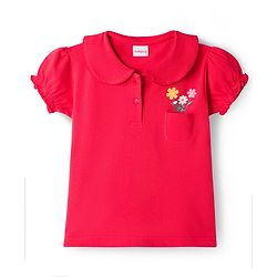 Babyhug Cotton Knit Half Puffed Sleeves Polo T-Shirt with Floral Print - Red