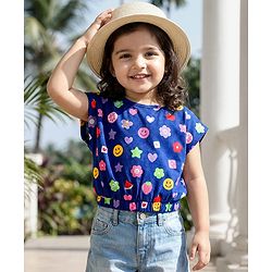 Babyhug Cotton Knit Half Sleeves Cropped T-Shirt With Fruit & Floral Print - Navy Blue
