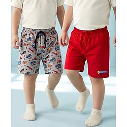 Babyhug Single Jersey Knit Shorts With Vehicle Print Pack Of 2 - Red & Grey