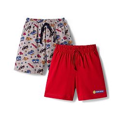 Babyhug Single Jersey Knit Shorts With Vehicle Print Pack Of 2 - Red & Grey