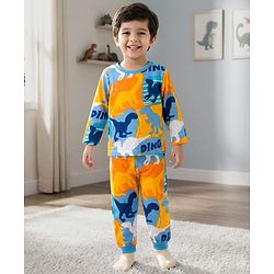 Babyhug Cotton Knit Full Sleeves Co-ords Night Suit With Dino Print - Blue Yellow & Light Blue