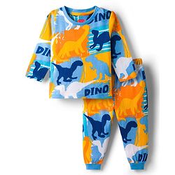Babyhug Cotton Knit Full Sleeves Co-ords Night Suit With Dino Print - Blue Yellow & Light Blue