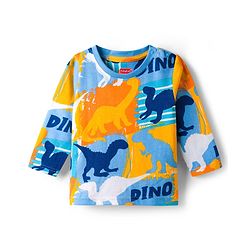 Babyhug Cotton Knit Full Sleeves Co-ords Night Suit With Dino Print - Blue Yellow & Light Blue