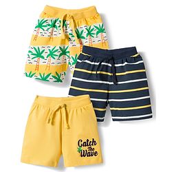 Babyhug Single Jersey Knit Mid Thigh Length Striped Shorts with Beach Theme Print Pack of 3 - Multicolor