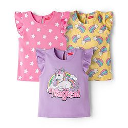 Babyhug Cotton Knit Frill Sleeves T-Shirts With Unicorn & Star Print Pack of 3 - Purple Pink & Yellow