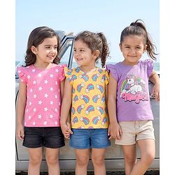 Babyhug Cotton Knit Frill Sleeves T-Shirts With Unicorn & Star Print Pack of 3 - Purple Pink & Yellow