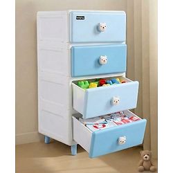 Babyhug 4-Layer Kids Storage Cabinet Teddy Face Knobs High-Density Plastic Spacious Drawers Sturdy Anti-Slip Base| Easy Assembly Multi-utility Toy, Book & Clothes Organizer Child Safe  Blue