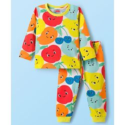 Babyhug Cotton Knit Full Sleeves T-Shirt & Pyjama Co-ord Night Suit With Fruit Print - Multicolor