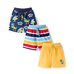 Babyhug Single Jersey Knit Mid Thigh Length Striped Shark & Crocodile Printed Shorts Pack of 3 - Yellow Navy Blue & Red