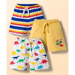 Babyhug Single Jersey Knit Mid Thigh Striped & Dino Printed Shorts Pack Of 3 - Multicolour