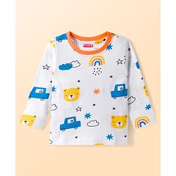 Babyhug Cotton Knit Full Sleeves Co-ords T-Shirt & Lounge Pant With Vehicle Print - White