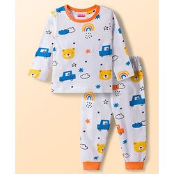 Babyhug Cotton Knit Full Sleeves Co-ords T-Shirt & Lounge Pant With Vehicle Print - White