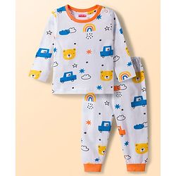 Babyhug Cotton Knit Full Sleeves Co-ords T-Shirt & Lounge Pant With Vehicle Print - White