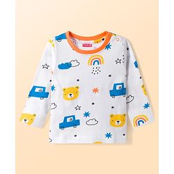 Babyhug Cotton Knit Full Sleeves Co-ords T-Shirt & Lounge Pant With Vehicle Print - White