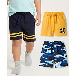 Babyhug Single Jersey Knit Camouflage Printed Mid Thigh Length Shorts Pack Of 3 - Yellow Blue & Navy Blue