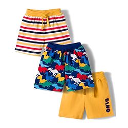 Babyhug Single Jersey Knit Mid Thigh Dino Printed & Striped Shorts Pack Of 3 - Multicolour