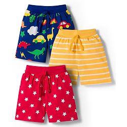 Babyhug 100% Cotton Single Jersey Knit Mid Thigh Striped & Dino Printed Shorts Pack of 3 - Multicolour