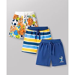 Babyhug Single Jersey Knit Mid Thigh Length Striped Bunny & Ball Printed Shorts Pack of 3 - Yellow Blue & White