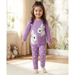 Babyhug Cotton Knit Full Sleeves Rabbit Printed T-Shirt & Hearts Printed Pyjama Night Suit - Lavender