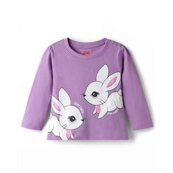 Babyhug Cotton Knit Full Sleeves Rabbit Printed T-Shirt & Hearts Printed Pyjama Night Suit - Lavender