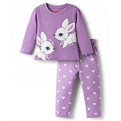 Babyhug Cotton Knit Full Sleeves Rabbit Printed T-Shirt & Hearts Printed Pyjama Night Suit - Lavender