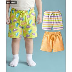 Babyhug Single Jersey Knit Mid Thigh Shorts Vehicle Print Pack Of 3 - Orange Green & White
