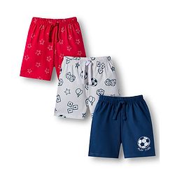 Babyhug 100% Cotton Single Jersey Knit Mid Thigh Shorts With Football Print Pack Of 3 - Red Navy Blue & White