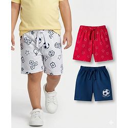 Babyhug 100% Cotton Single Jersey Knit Mid Thigh Shorts With Football Print Pack Of 3 - Red Navy Blue & White