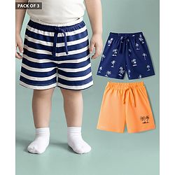 Babyhug Single Jersey Knit Mid Thigh Striped & Tree Printed Shorts Pack of 3 - Navy Blue Orange & White