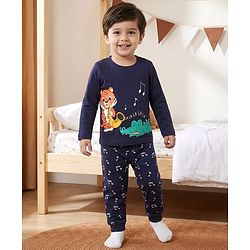 Babyhug Cotton Knit Full Sleeves T-Shirt & Pyjama Night Suit With Dino & Tiger Print - Navy Blue