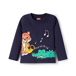 Babyhug Cotton Knit Full Sleeves T-Shirt & Pyjama Night Suit With Dino & Tiger Print - Navy Blue