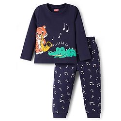 Babyhug Cotton Knit Full Sleeves T-Shirt & Pyjama Night Suit With Dino & Tiger Print - Navy Blue