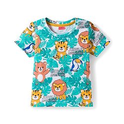 Babyhug Single Jersey Knit Half Sleeves Animal Printed T-Shirt & Denim Dungaree with Tiger Embroidery - Blue