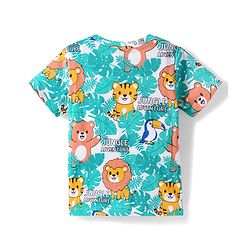 Babyhug Single Jersey Knit Half Sleeves Animal Printed T-Shirt & Denim Dungaree with Tiger Embroidery - Blue
