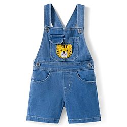 Babyhug Single Jersey Knit Half Sleeves Animal Printed T-Shirt & Denim Dungaree with Tiger Embroidery - Blue