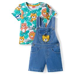 Babyhug Single Jersey Knit Half Sleeves Animal Printed T-Shirt & Denim Dungaree with Tiger Embroidery - Blue