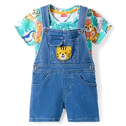 Babyhug Single Jersey Knit Half Sleeves Animal Printed T-Shirt & Denim Dungaree with Tiger Embroidery - Blue