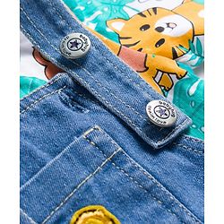 Babyhug Single Jersey Knit Half Sleeves Animal Printed T-Shirt & Denim Dungaree with Tiger Embroidery - Blue