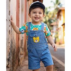 Babyhug Single Jersey Knit Half Sleeves Animal Printed T-Shirt & Denim Dungaree with Tiger Embroidery - Blue