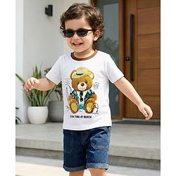 Babyhug Single Jersey Knit Half Sleeves Bear Printed T-Shirt & Shorts Set - White & Navy Blue