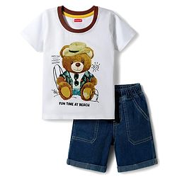 Babyhug Single Jersey Knit Half Sleeves Bear Printed T-Shirt & Shorts Set - White & Navy Blue