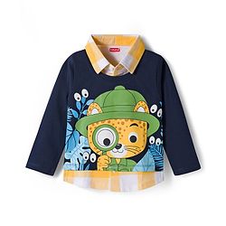 Babyhug Cotton Knit Full Sleeves Overlapped T-Shirt with Tiger Graphic - Navy Blue