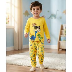 Babyhug Cotton Knit Full Sleeves T-Shirt Style & Lounge Pant Night Suit With Dino Print - Yellow