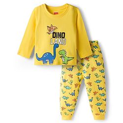 Babyhug Cotton Knit Full Sleeves T-Shirt Style & Lounge Pant Night Suit With Dino Print - Yellow